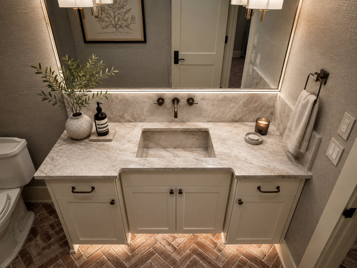 Modern bathroom with full-height stone slab wall and vanity countertop