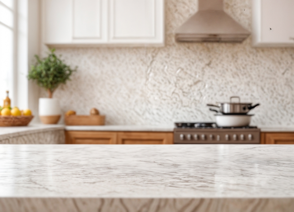 A modern kitchen countertop with a beautiful white marble top, enhancing the overall aesthetic of the kitchen.