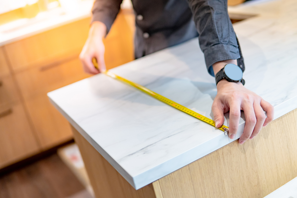A person carefully measuring a countertop's length with a ruler, ensuring precise dimensions for a home improvement project.