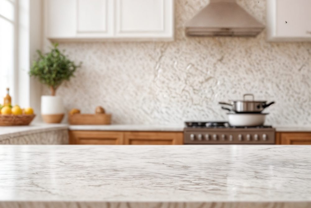 A modern kitchen countertop with a beautiful white marble top, enhancing the overall aesthetic of the kitchen.