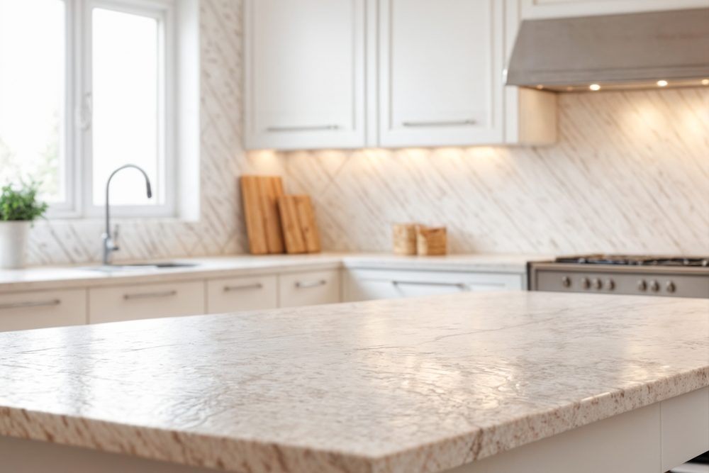 A modern kitchen featuring white cabinets and a sleek marble countertop, creating a bright and elegant atmosphere.